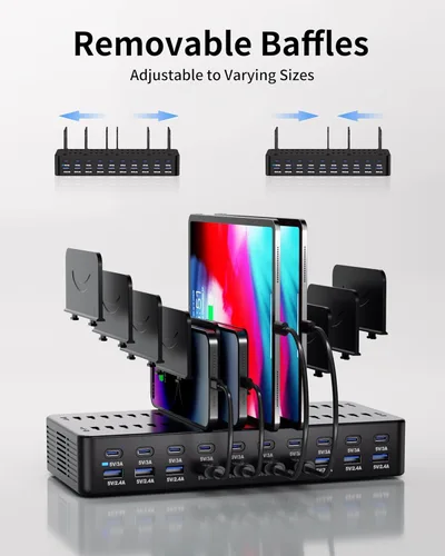 Vista 5 de Estación de carga de 270 W para múltiples dispositivos, estación de carga rápida USB de 20 puertos con divisores ajustables y 10 cables, base