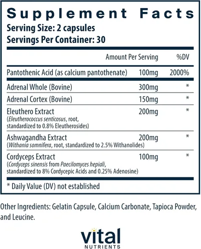 Vista 2 de Vital Nutrients Apoyo suprarrenal Suplementos de apoyo suprarrenal para la función de las glándulas y el manejo del cortisol Apoya los niveles