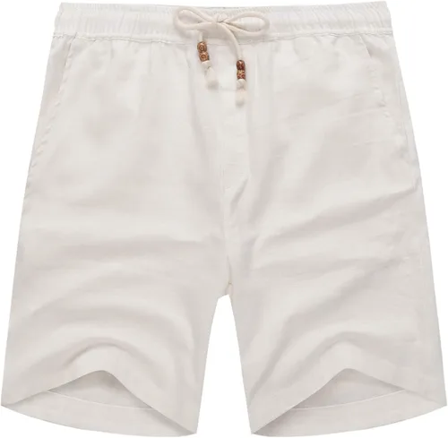 Vista 2 de COOFANDY Pantalones cortos de lino para hombre con cintura elástica y cordón para playa