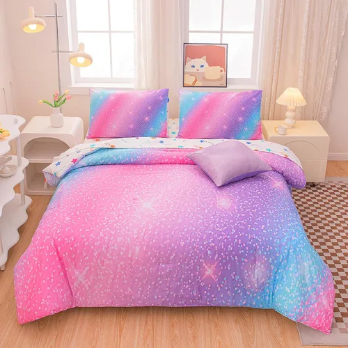 Vista 11 de Juego de ropa de cama arcoíris tamaño individual, edredón reversible de 5 piezas para niñas con sábana de bolsillo profundo, diseño degradado