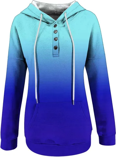 Vista 6 de DOLKFU Sudadera de manga larga con cuello para mujer, con estampado gráfico degradado, con botones, ajuste holgado, ropa de otoño