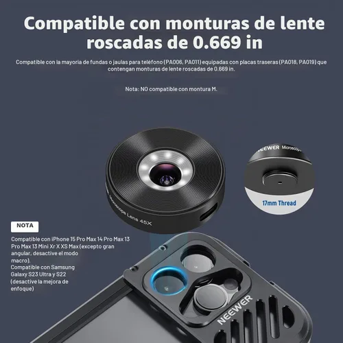 Vista 5 de NEEWER Lente gran angular HD de 18mm 100° para placa posterior de lente con rosca de 17mm, aumento de 0.5X Compatible con SmallRig NEEWER iPhone
