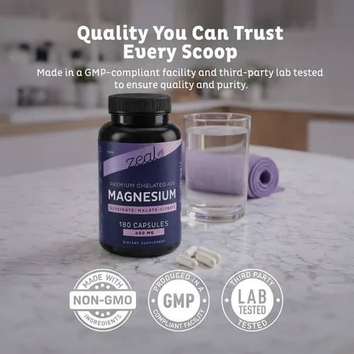 Vista 7 de Zeal Naturals Suplemento triple complejo de magnesio - glicinato, malato, citrato 400 mg, 180 cápsulas Magnesio quelado de alta absorción