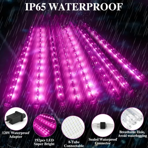 Vista 4 de Luces de lluvia de meteoritos, 192 luces LED de lluvia que caen, 8 tubos de 11.8 pulgadas, impermeables, para Navidad, enchufables, luces LED