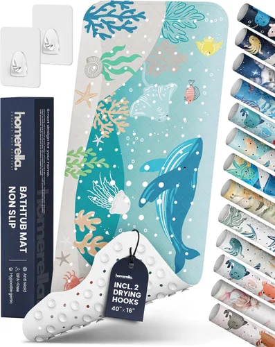 Vista 8 de Homerella - Alfombrilla de baño antideslizante y antideslizante para niños, 40 x 16 pulgadas, sin BPA, incluye 2 ganchos, tapete de ducha lavable