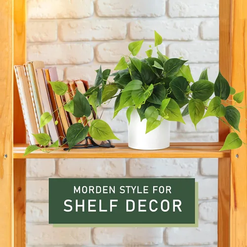 Vista 4 de Planta sintética en maceta, plantas decorativas de Pothos falsos con maceta de cerámica blanca para estante de escritorio, baño, decoración de sala