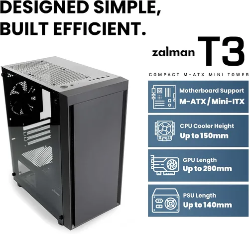 Vista 3 de Zalman T3 MATX Micro-ATX - Carcasa compacta para computadora de escritorio 2 x 120mm Non-RGB Fans, Full Tempered Glass Side Panel, USB 3.0, Modern