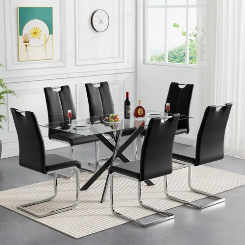 Vista 25 de SSLine Mesa de comedor moderna de cristal, rectangular de 51 pulgadas, color negro con patas de metal diseñadas en X para cocina y comedor
