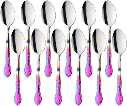Vista 73 de Cucharas de sopa, cucharas redondas de acero inoxidable para caldo con borde de flor, juego de 12 piezas de acero inoxidable para café, azúcar