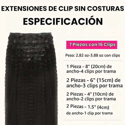 Vista 2 de Extensiones de cabello Lashey con clip, 100% cabello humano real, liso tipo afro, borde invisible, sin costuras, con clip, 3.53 oz, negro natural