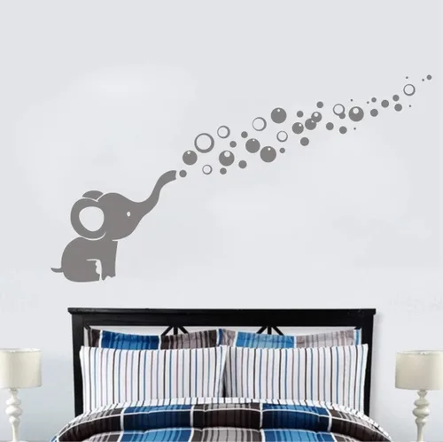 Vista 2 de Calcomanía de pared con burbujas que soplan elefantes, adhesivo de vinilo extraíble para guardería (gris)