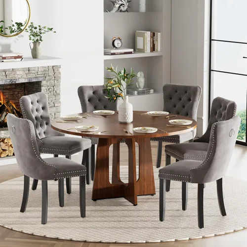 Vista 26 de Mesa de comedor redonda estilo granja para 6, mesa de cocina circular de 47" MDF con acabado de grano de madera, mesa de cocina y comedor de madera
