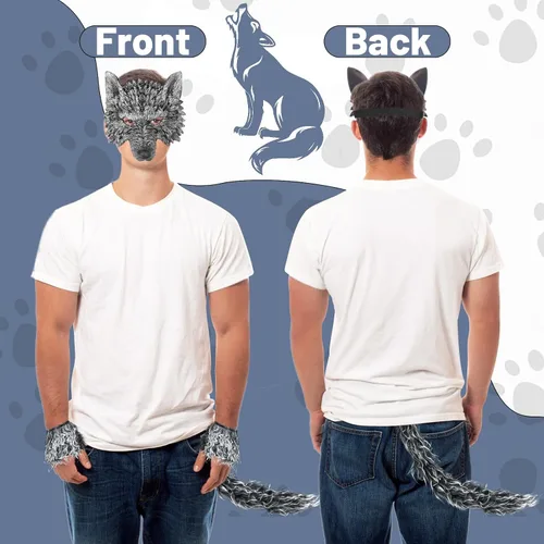 Vista 4 de Máscara de lobo con cola y guantes, disfraz de hombre lobo para hombres, mujeres y niños, disfraz de fiesta de Halloween, cosplay