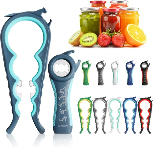 Vista 7 de Abridor de Frascos, Kit Abridor de Latas y Botellas Multifunción 5 en 1 con Mango de Silicona Fácil de Usar para Niños, Ancianos y Personas con Rojo