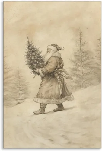 Vista 13 de Arte de pared en lona de árbol de Navidad y pino, póster rústico iluminado de abeto nevado, decoración de pared de vacaciones de invierno antigua