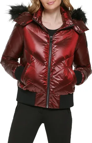 Vista 2 de Karl Lagerfeld Paris Chaqueta de punto con ribete de piel sintética para mujer