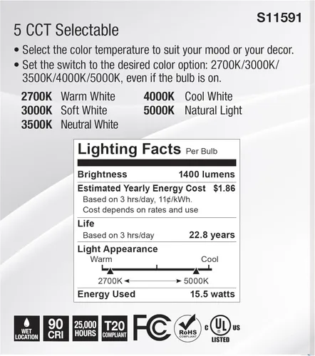 Vista 6 de Satco S11591; LED PAR38 de 15.5 vatios; base media; acabado plateado; CCT seleccionable; 120 voltios; ángulo de haz de 40 grados
