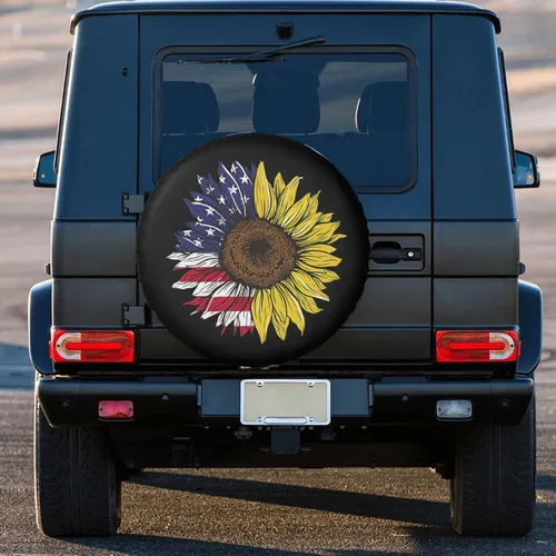 Vista 4 de Bandera Americana de Estados Unidos, cubierta de neumático de repuesto con diseño de girasol, protector de rueda a prueba de polvo, para remolque