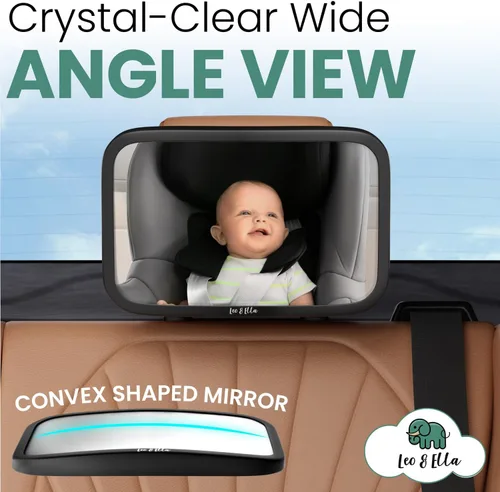 Vista 6 de Leo&Ella Espejo de coche para bebé, tamaño mediano, con montaje ajustable de 360°, visión infantil ultra transparente, inastillable, montaje