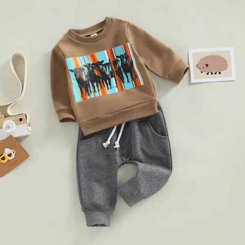 Vista 3 de Kayotuas Conjunto de sudadera con estampado de vaca y pantalones deportivos para bebé, ropa occidental para primavera, otoño e invierno