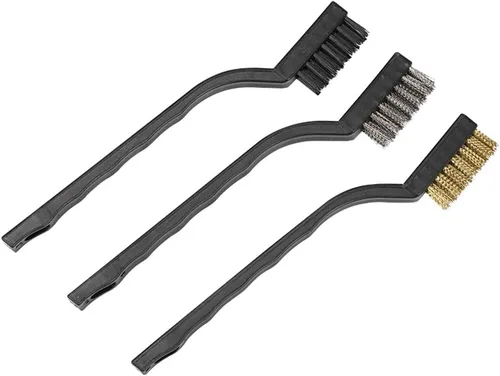 Vista 2 de Juego de 3 cepillos de limpieza de alambre con mango de plástico negro para limpieza de cocina del hogar, soldadura, escoria y estufa de gas óxido