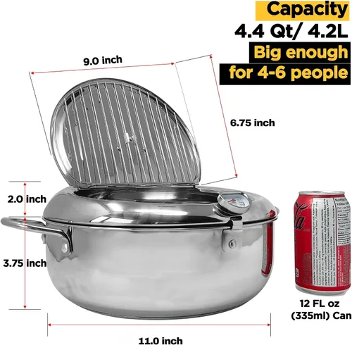 Vista 5 de Saltlas Olla Freidora Profunda (°C), Olla de Freír Tempura Extra Grande de 11"/4.4Qt (4.2 L) con Tapa, Olla de Acero Inoxidable 304 con Control