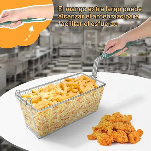 Vista 2 de Cesta para freidora profunda con ganchos frontales, mango antideslizante, cesta de 13.2 x 6.5 x 5.9 pulgadas, mango largo de 11.2 pulgadas, fácil