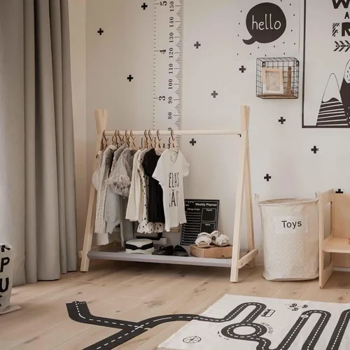 Vista 5 de Armario para niños, armario abierto Montessori, estante de ropa estilo tipi Montessori con almacenamiento, estante de exhibición de tienda, estante
