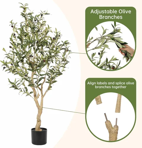 Vista 5 de Realead Árbol de olivo sintético de 4 pies – Plantas realistas de olivo de interior – Olivo falso con tronco grueso y frutas realistas – Olivos