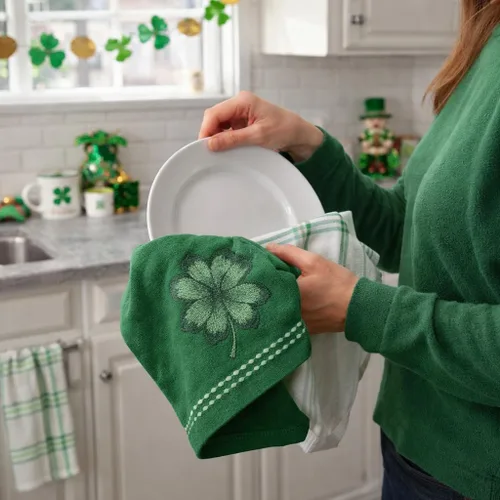 Vista 3 de Serafina Home Toallas de cocina de mano para invitados de baño irlandeses del día de San Patricio: suave y absorbente bordado, diseño de trébol