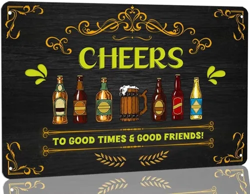 Vista 14 de Letrero de metal vintage con texto en inglés «My Happy Place Bar Open To Good Times & Good Friends», letreros divertidos de cerveza para el hogar