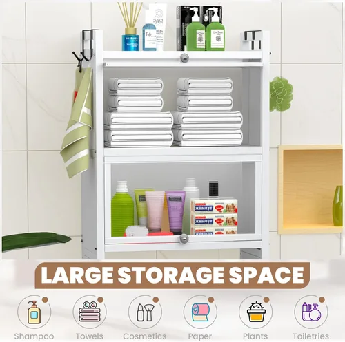 Vista 4 de ZZL Gabinete de almacenamiento sobre el inodoro, 3 niveles, organizador de inodoro de baño, impermeable, diseño de puerta de gabinete, ahorro