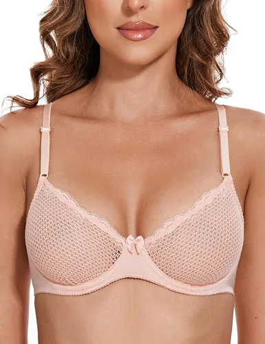 Vista 12 de Wingslove Sujetador de media copa sexy para mujer con encaje, malla con aros, copa balconette, sin forro, transparente, brasier de copa media
