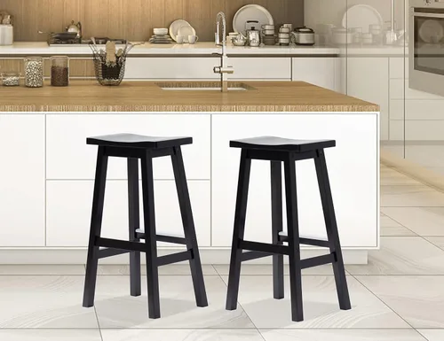 Vista 9 de Juego de 2 taburetes de bar de madera maciza con placas de pie de metal, taburetes modernos sin espalda de 24 pulgadas de altura para encimera