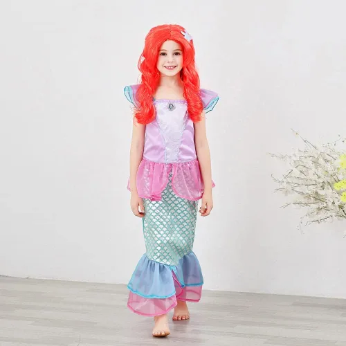 Vista 8 de Ficlwigkis Disfraz de sirena para niños vestido de fiesta de lentejuelas vestido de sirena pequeña para niñas fiesta de cumpleaños cosplay 3-10 años