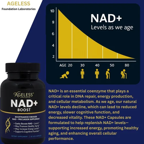 Vista 5 de Ageless NAD+ Suplementos para mujeres y hombres 300 mg de cloruro de ribósido de nicotinamida Suplemento dietético para antienvejecimiento