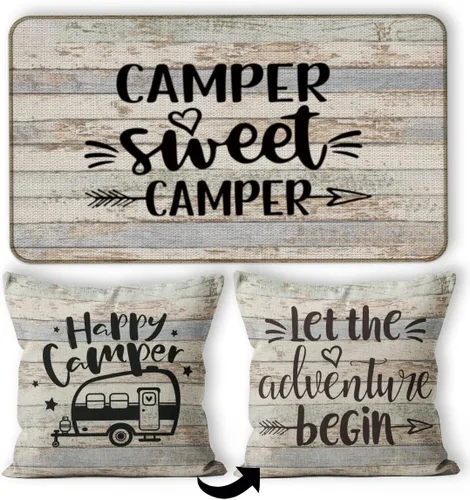 Vista 14 de Tapete para puerta de campamento, 30 x 17 pulgadas, para interiores, regalos de cámper, decoraciones de caravana, color negro, deja que la aventura