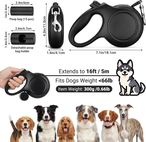 Vista 2 de Segarty Correa retráctil para perro de 16 pies con soporte desmontable para bolsa de excrementos, correa para caminar de 16.4 ft para mascotas