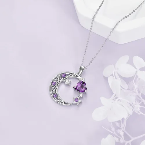 Vista 4 de Collar de plata de ley con estrella de luna creciente para mamá e hija, piedra natal, granate, día de la madre, cumpleaños, joyería celta, regalos