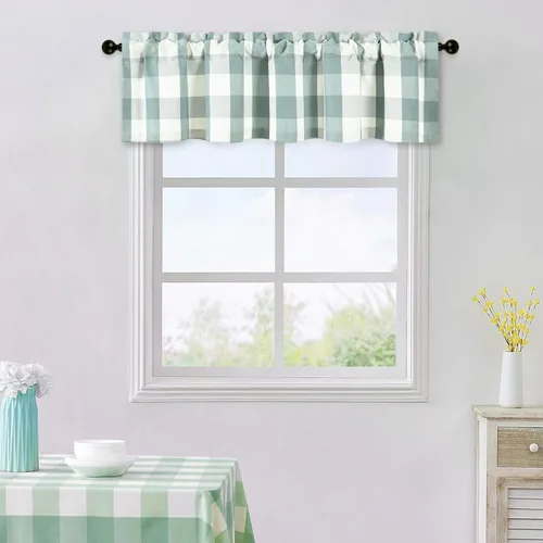 Vista 31 de VOGOL Cenefa de cuadros marrón con textura de lino para dormitorio, sala de estar, diseño de bolsillo para barra, fácil de colgar, 52 x 12 pulgadas