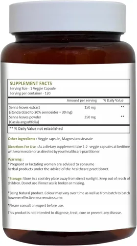Vista 2 de Herbal Hills Senna Cápsulas (alexandrina Senna) 120 cápsulas (500 mg) Laxante natural, suavizante de heces, alivio del estreñimiento