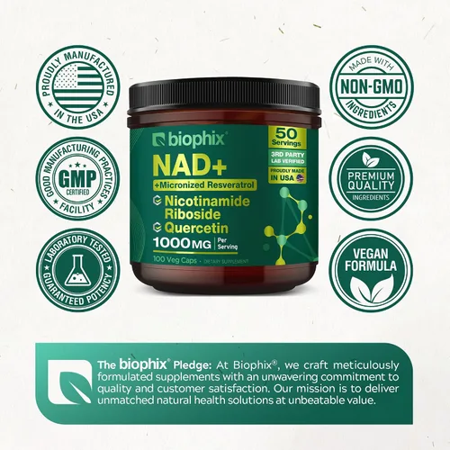 Vista 6 de biophix Suplemento liposomal NAD+ para mujeres y hombres, 1000 mg por porción, ribósido de nicotinamida, resveratrol micronizado y complejo