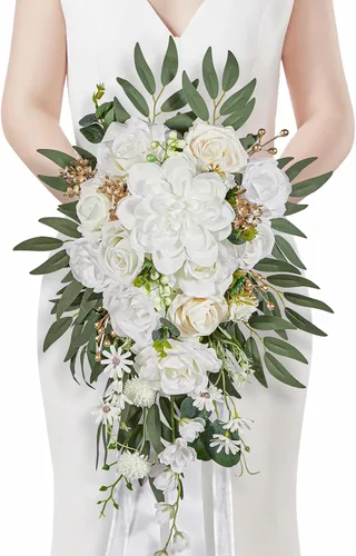 Vista 24 de Serwalin Ramos de boda de 9.8 pulgadas para novia y dama de honor, peonías rosa empolvado, ramos de flores de novia para boda, ramo de lanzamiento