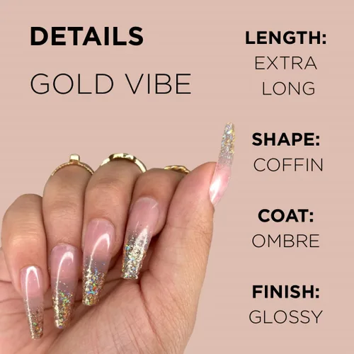 Vista 3 de GOLD VIBES - Uñas a presión de Lavaa Beauty Punta dorada con purpurina degradada Ataúd extra largas Vibes de oro
