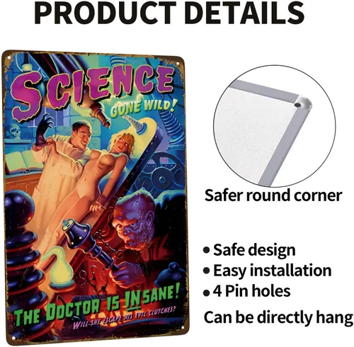 Vista 4 de Letrero de metal vintage con texto en inglés "Science Gone Wild Pin Up Girl", cartel retro de hojalata sexy para hombre, cueva, bar, garaje, pubs