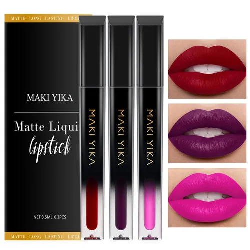 Vista 46 de MAKI YIKA Juego de 3 lápices labiales líquidos mate, color negro y rojo Negro/Rojo Oscuro/Desnudo