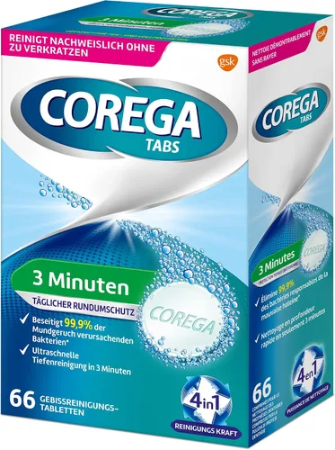 Vista 3 de Corega Palitos de limpieza rápida de dentaduras/terceros dientes, 1 x 66 tabletas de limpieza de dentición - Limpieza en 3 minutos