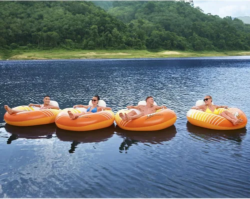 Vista 5 de Bestway 43399E Hydro-Force Sunkissed Pool, Lake, River, Beach Inflatable PVC Clasp N Go Inner Tube Ring Float with Cup Holder, Orange and Yellow