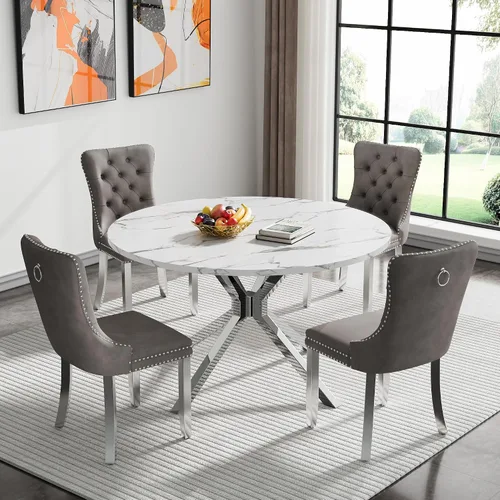 Vista 46 de Juego de 5 mesas de comedor, juego de mesa de cocina y comedor para 4, mesa de cocina rectangular de mármol sintético blanco de 47 pulgadas con base