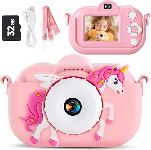Vista 5 de MAVOKIS Cámara digital para niños de 3 a 8 años, cámara 1080P para niños con tarjeta SD de 32 GB, juguetes para niñas de 6 a 9 años, regalos de Rosa